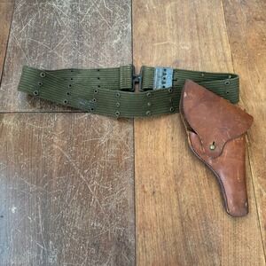 Vintage US Military Canvas Web Belt with Leather Pistol Holster Olive Drab